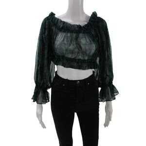 Kimberly Taylor Womens Long Sleeve Off Shoulder Silk Snake Print Top Green Small